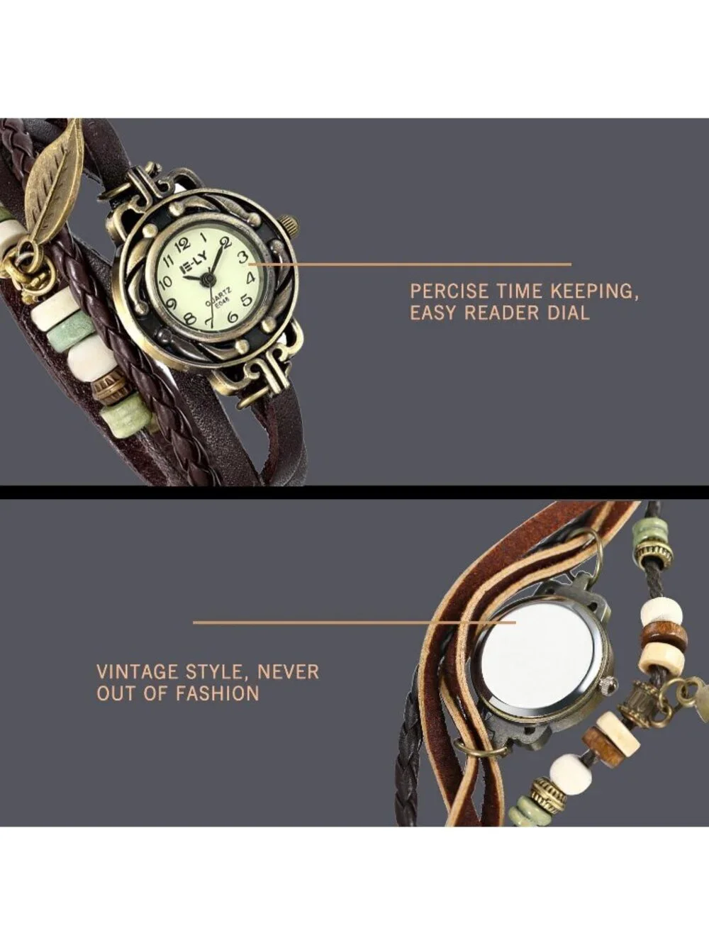 Women's Brown Analog Quartz Leaf Bracelet Weave Wrap Around Leather Wrist Watch